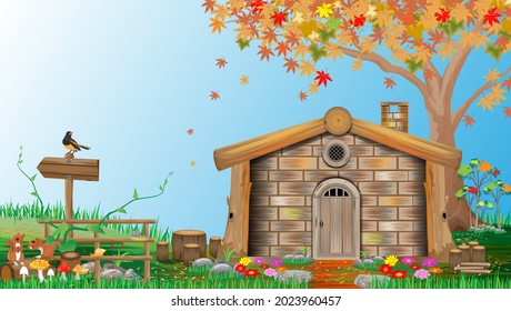 A marvelous legendary landscape with maple tree with  and wooden hut in Autumn nature. vector design