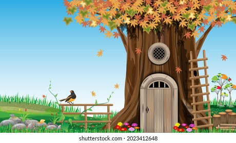 A marvelous legendary landscape with an old tree with  tree hut. Autumn in nature vector design