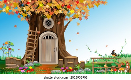 A marvelous legendary landscape with an old tree with  tree hut. Autumn in nature vector design