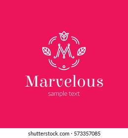 Marvelous logo design template. Vector M letter logotype illustration isolated on background.Character icon symbol with elegant ornament elements.Calligraphic flora label lettering with flower, leaves