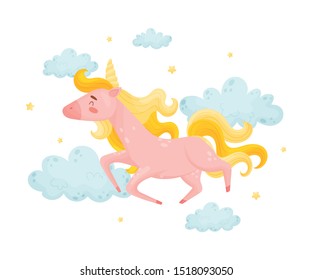 Marvelous Pink Unicorn Galloping In The Clouds Vector Illustration