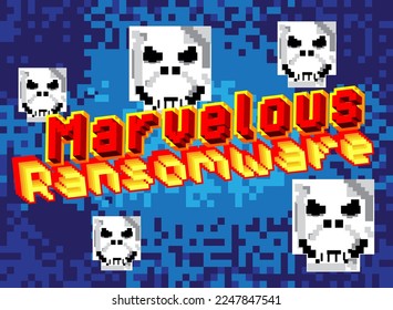 Marvelous Ransomware. Pixelated word with geometric graphic background. Vector cartoon illustration.