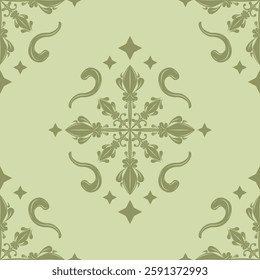 Marvelous Repeat Beautiful Damask with Starry Stars Seamless Pattern Vector on Matcha Green Color Design. Glamorous Ornate Scroll Classy Victorian Wallpaper Background Backdrop Decoration Fabrics Tile