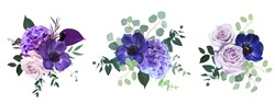 Marvelous Violet, Purple And Burgundy Anemone, Dusty Mauve And Lilac Rose, Hydrangea, Eucalyptus Vector Design Bouquets. Stylish Fall Wedding Bunch Of Flowers.Elements Are Isolated And Editable