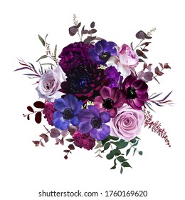 Marvelous Violet, Purple And Burgundy Anemone, Dusty Mauve And Lilac Rose, Dark Dahlia, Astilbe, Eucalyptus, Carnation Vector Design Bouquet.Stylish Fall Wedding Bunch Of Flowers.Isolated And Editable