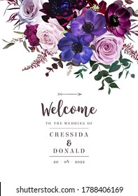 Maravillosa anémona violeta, morada y borgoñona, malva polvorienta y rosa lila, dahlia oscura, marco astilbe de diseño vectorial de invierno. Elegante invitación a las flores de boda de otoño. Los elementos están aislados y se pueden editar