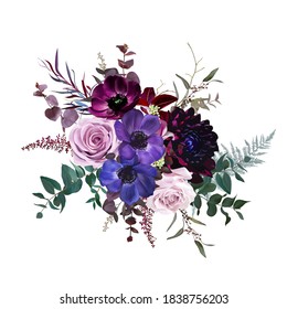 Marvelous violet, purple and burgundy anemone, dusty mauve and lilac rose,dark dahlia, astilbe,eucalyptus vector design bouquet.Stylish fall wedding bunch of flowers.Elements are isolated and editable