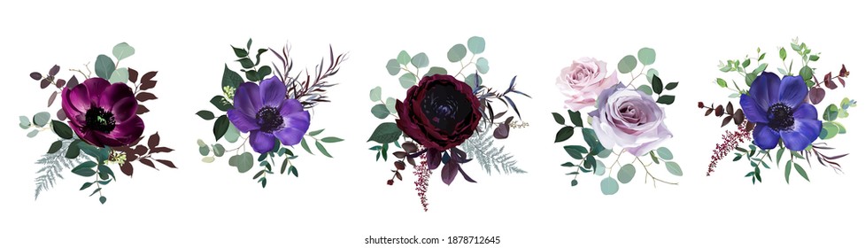 Marvelous violet, purple and burgundy anemone, dusty mauve and lilac rose, dark ranunculus, astilbe, eucalyptus vector design bouquets. Stylish fall wedding bunch of flowers. Isolated and editable