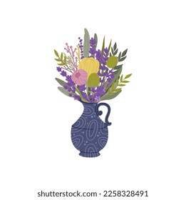 Marvelous violet, purple and burgundy flowers and lilac rose vector design bouquet. Fashionable bouquet in jar, spring or summer flowers bunch