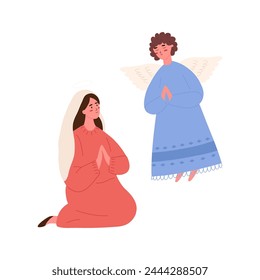 Mary with angel, nativity scene, cartoon flat vector illustration isolated on white background. Concepts of christianity, Christmas and religion.