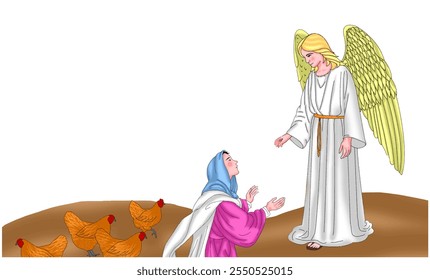 Mary with angle talking, Vector of Mary with angle, Christmas background.