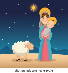 Mary and baby jesus cartoon design 