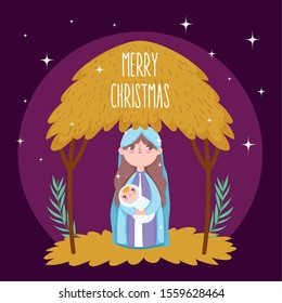 mary baby jesus hut manger nativity, merry christmas vector illustration