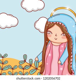 mary with branches leaves plants and clouds