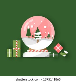 Mary christmas Christmas ball and gift box Green background vector art and illustration.