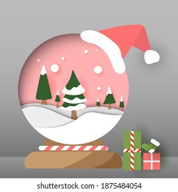 Mary christmas Christmas ball and  gift box Green background paper cut and craft style. vector art and illustration.