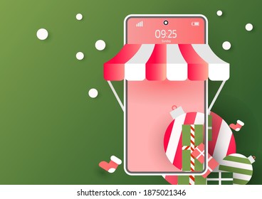 Mary christmas Christmas ball Online shopping Christmas Concept Green background vector art and illustration.