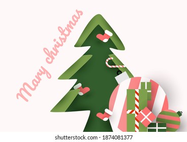 Mary christmas Christmas ball Christmas tree and paper style gift box White background paper cut and craft style. vector art and illustration.