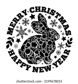 Mary Christmas and Happy New Year! Vector black and white graphic illustration with rabbit. 
