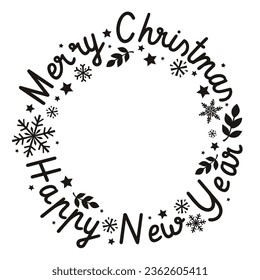 Mary Christmas and Happy New Year wreath! Card with lettering and winter elements. Vector black and white illustration.