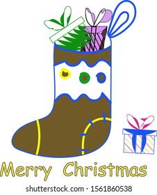 Mary Christmas. Sock with gifts.White background.