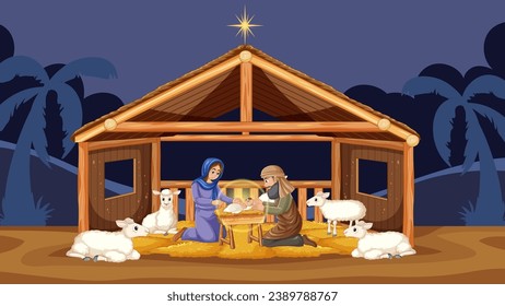 Mary giving birth to Jesus surrounded by sheep and Joseph in a cartoon-style illustration