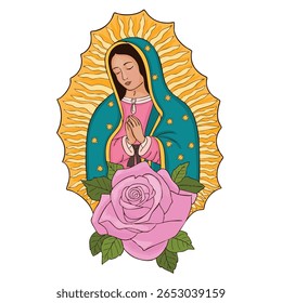 Maria de Guadalupe virgem e flor de rosa.