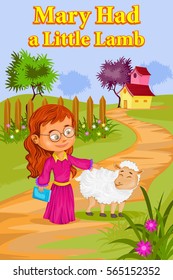 Mary Had A Little Lamb, Kids English Nursery Rhymes book illustration in vector