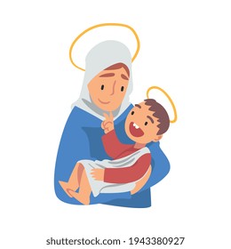 Mary Holding Baby Jesus with Her Arm as Narrative from Bible Vector Illustration