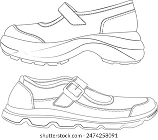 Mary Jane fashion sneakers vector drawing, fashion sneakers illustration, black and white line drawing ladies fashion sneakers