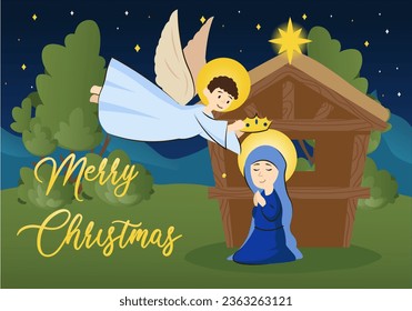 Mary and Jesus background concept with people scene in the flat cartoon style. An angel congratulates the Virgin Mary on the birth of a savior son. Vector illustration.