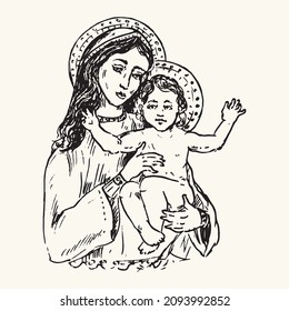 Mary and Jesus  Ink black   white doodle drawing in woodcut style and inscription 