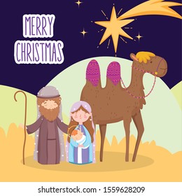 mary joseph and baby jesus with camel star desert nativity, merry christmas vector illustration