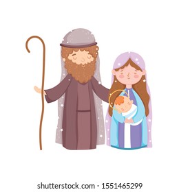 mary joseph and baby jesus manger nativity, merry christmas vector illustration