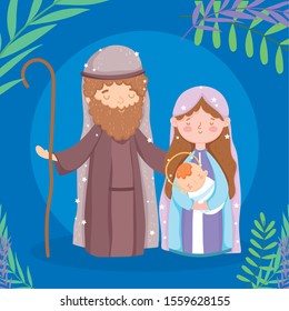 mary joseph and baby jesus manger nativity, merry christmas vector illustration