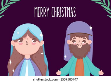 mary and joseph cartoon, merry christmas vector illustration