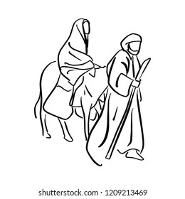 Mary and Joseph in the dessert with a donkey on Christmas Eve searching for a place to stay vector illustration sketch doodle hand drawn with black lines isolated on white background