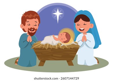 Mary and Joseph and the Holy Baby Jesus, vector illustration.