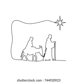 Mary and Joseph journeying through the dessert with a donkey vector illustration black outlines, isolated on white background