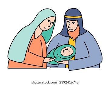 Mary and Joseph or mom and dad hug son name Jesus Christ.In cartoon version,vector illustration
