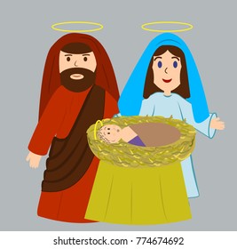 Mary and Joseph with the newborn Jesus Christ. A cartoon picture for a children's Bible