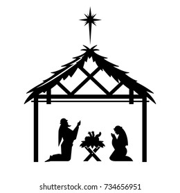 Mary and Joseph pray over the newly born Jesus Christ in the stable.