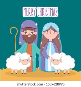 mary joseph with sheeps manger nativity, merry christmas vector illustration