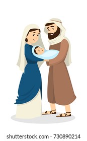 Mary and Joseph with young Jesus on white background.