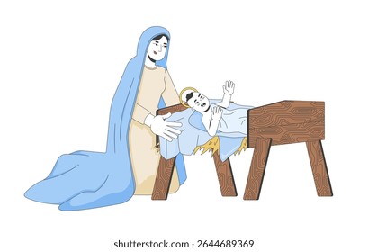Mary kneeling beside baby Jesus swaddled in straw manger 2D cartoon bible characters. Maternal care. Christ birth. Nativity mother flat vector people isolated on white. Spot illustration colorful