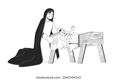 Mary kneeling beside baby Jesus swaddled in straw manger 2D line bible characters. Maternal care. Christ birth. Nativity mother isolated vector ink outline people. Monochromatic spot illustration