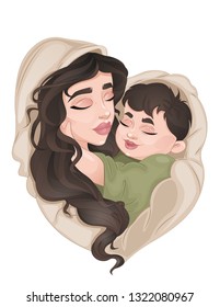 Mary with little baby Jesus on white background. Merry Christmas. Vector greeting card.