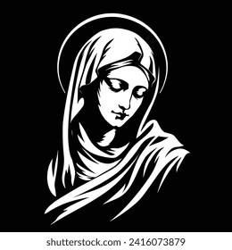 The Mary Our Lady Virgin Mary Mother of Jesus, madonna, vector illustration, black on white background, printable, suitable for logo, sign, tattoo, laser cutting, sticker and other print on demand	