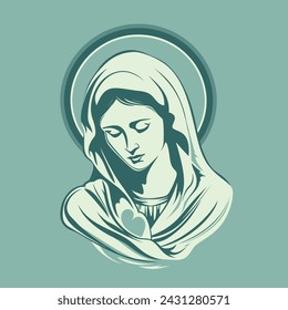 The Mary, Our Lady Virgin Mary Mother of Jesus, Holy Mary, madonna, vector illustration, turquoise background, printable, suitable for logo, sign, tattoo, laser cutting, sticker and print on demand