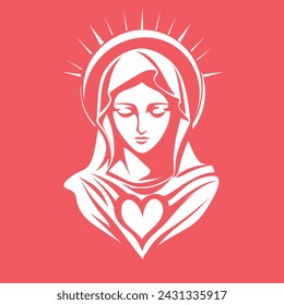 María, Virgen María Madre de Jesús, Santa María, Virgen, ilustración vectorial, blanco sobre fondo rojo, imprimible, adecuado para logotipo, signo, tatuaje, corte por láser, pegatina